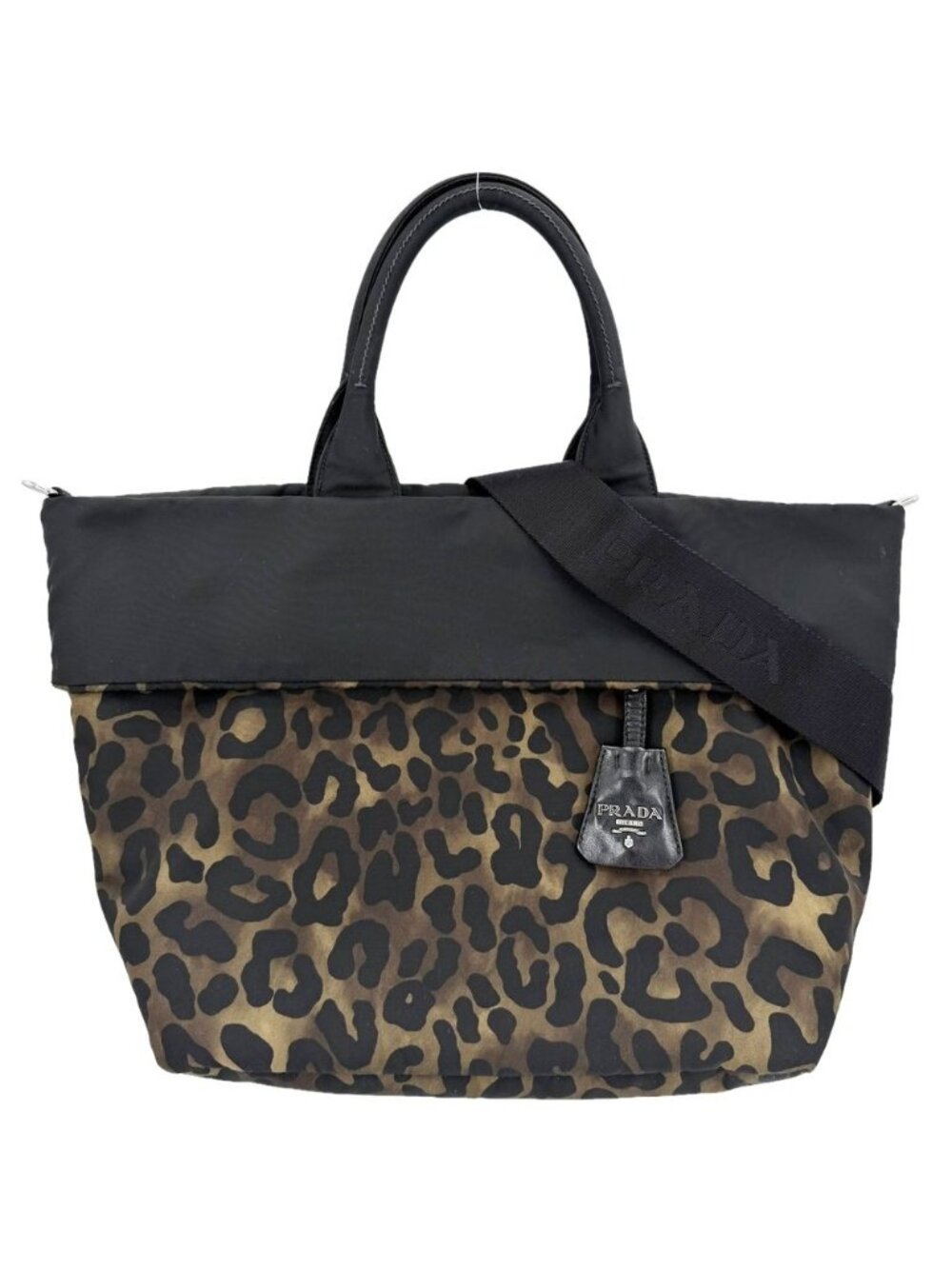 Prada 2-Way Leopard Print Hand Shoulder Crossbody Tote Bag Nylon Black Khaki